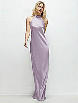 Front View Thumbnail - Lilac Haze Stand Collar Bias Satin Maxi Dress with Self-Tie Bow Back