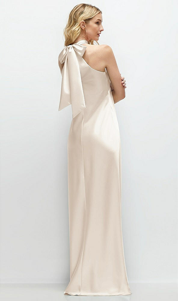 Back View - Oat Stand Collar Bias Satin Maxi Dress with Self-Tie Bow Back