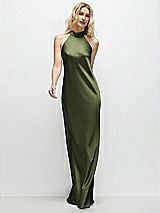Front View Thumbnail - Olive Green Stand Collar Bias Satin Maxi Dress with Self-Tie Bow Back