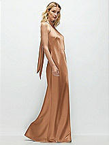 Side View Thumbnail - Toffee Stand Collar Bias Satin Maxi Dress with Self-Tie Bow Back