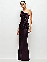 Side View Thumbnail - Deep Plum One-Shoulder Cat-Eye Neckline Fit and Flare Satin Maxi Dress