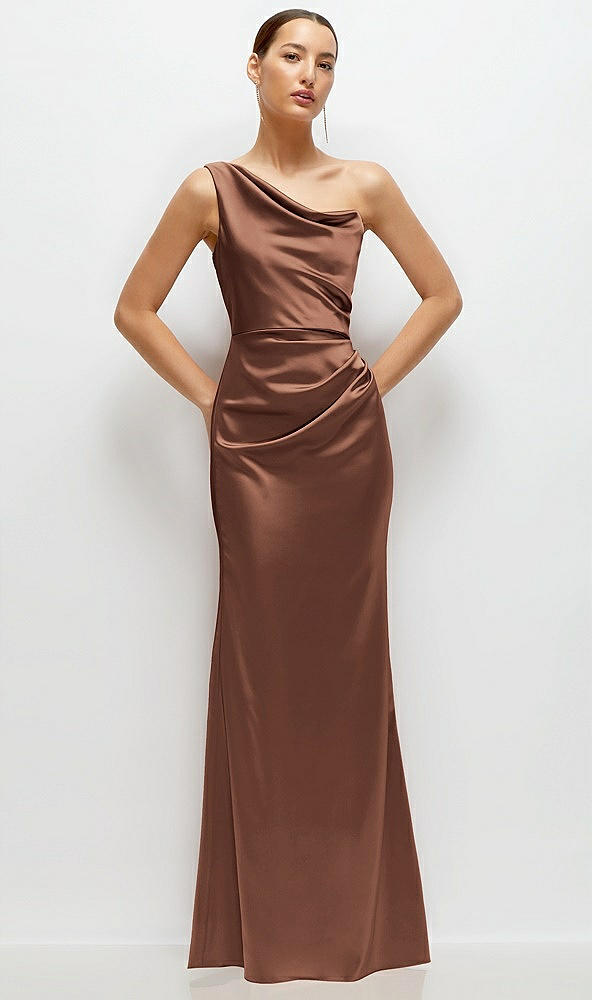 Front View - Cognac One-Shoulder Cat-Eye Neckline Fit and Flare Satin Maxi Dress