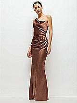 Side View Thumbnail - Cognac One-Shoulder Cat-Eye Neckline Fit and Flare Satin Maxi Dress