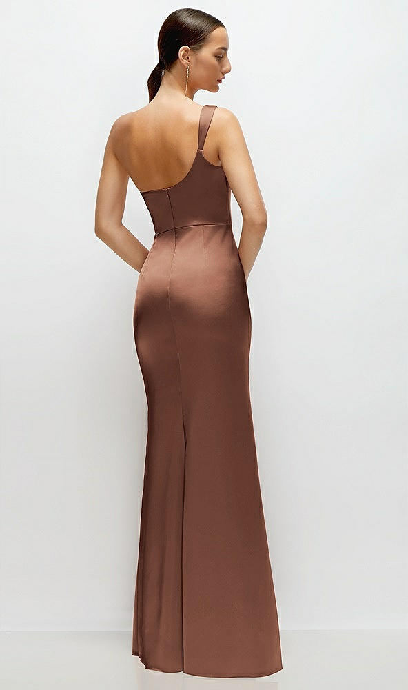 Back View - Cognac One-Shoulder Cat-Eye Neckline Fit and Flare Satin Maxi Dress