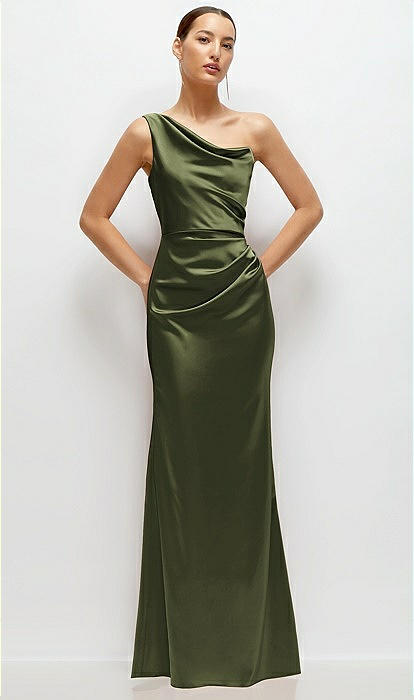 One-shoulder Cat-eye Neckline Fit And Flare Satin Maxi Bridesmaid