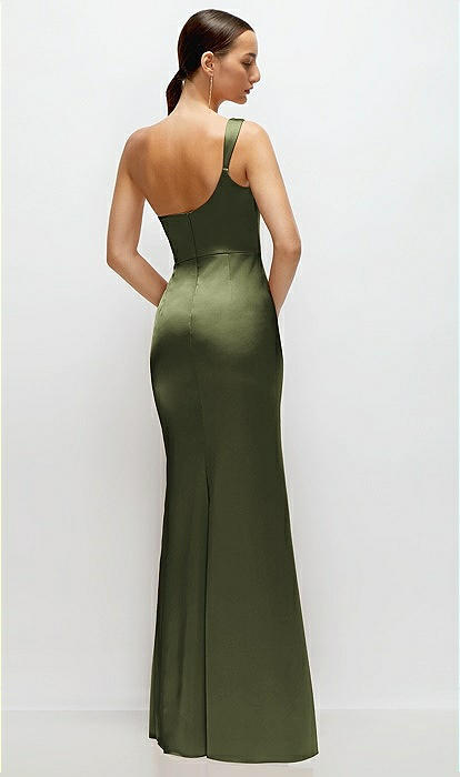 One-shoulder Cat-eye Neckline Fit And Flare Satin Maxi Bridesmaid