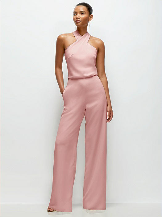 Pleated Halter Blouson Crepe Wedding Jumpsuit with Self-Tie Bow Back