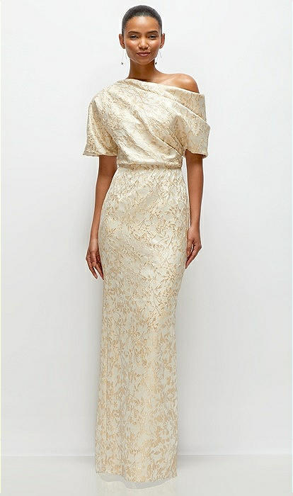 Asymmetrical Off-the-shoulder Champagne Filigree Brocade Maxi