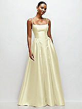 Front View Thumbnail - Butter Yellow Scoop Neck Drop Basque Skirt Satin Maxi Dress with Pockets