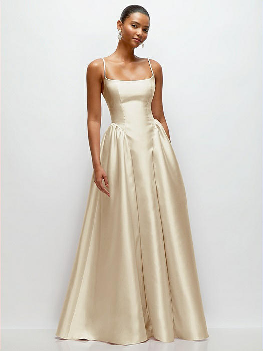 Scoop Neck Drop Basque Skirt Satin Maxi Dress with Pockets