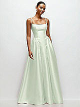 Front View Thumbnail - Mint Green Scoop Neck Drop Basque Skirt Satin Maxi Dress with Pockets