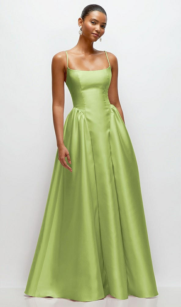 Front View - Mojito Scoop Neck Drop Basque Skirt Satin Maxi Dress with Pockets