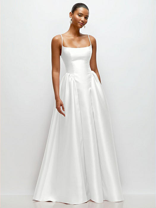 Scoop Neck Drop Basque Skirt Satin Maxi Dress with Pockets