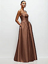 Side View Thumbnail - Cognac Scoop Neck Drop Basque Skirt Satin Maxi Dress with Pockets