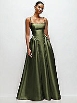 Front View Thumbnail - Olive Green Scoop Neck Drop Basque Skirt Satin Maxi Dress with Pockets
