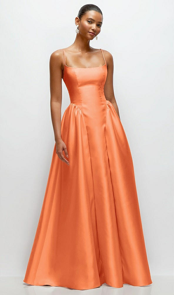 Front View - Portofino Orange Scoop Neck Drop Basque Skirt Satin Maxi Dress with Pockets
