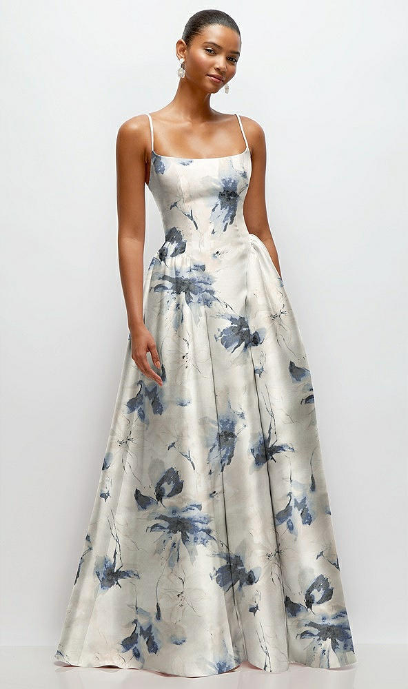 Front View - Inkwash Blue Floral Scoop Neck Drop Basque Skirt Floral Satin Maxi Dress with Pockets