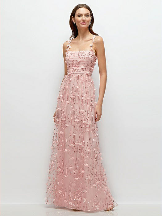 Shirred 3D Sequin Embroidery Floral Maxi Dress with Petal-Adorned Straps