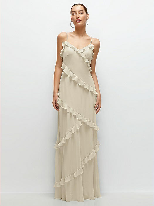 Asymmetrical Ruffle Chiffon Bias Slip Maxi Dress