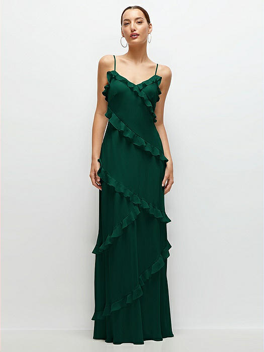 Asymmetrical Ruffle Chiffon Bias Slip Maxi Dress