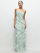 Front View Thumbnail - Mint Green Floral Asymmetrical Ruffle Chiffon Bias Slip Maxi Dress