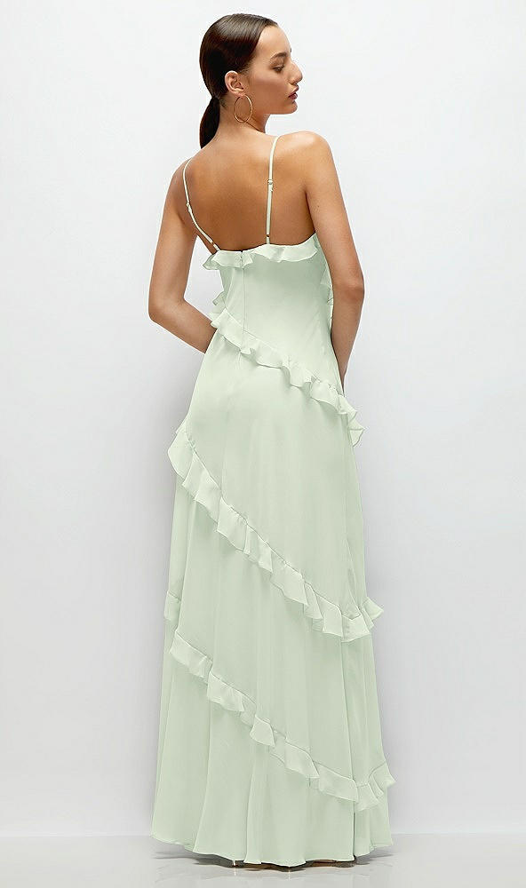 Back View - Mint Green Asymmetrical Ruffle Chiffon Bias Slip Maxi Dress