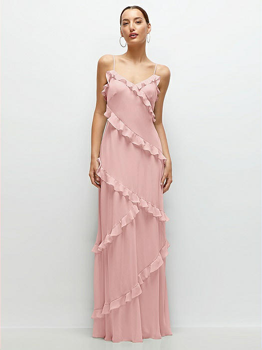 Asymmetrical Ruffle Chiffon Bias Slip Maxi Dress