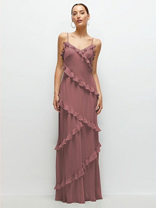 Asymmetrical Ruffle Chiffon Bias Slip Maxi Dress