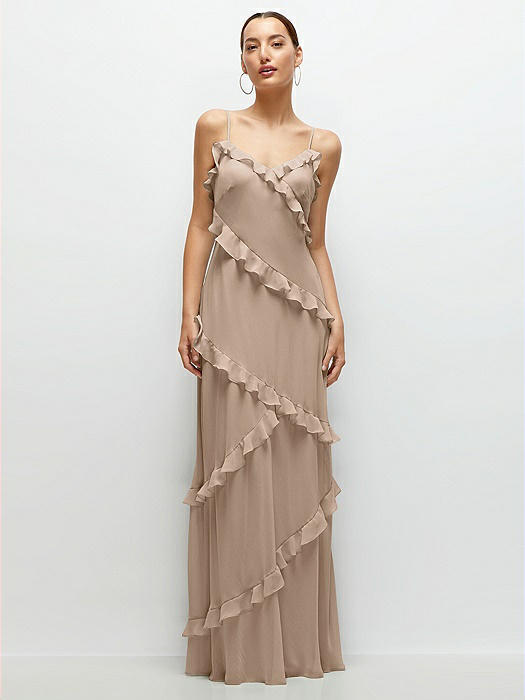 Asymmetrical Ruffle Chiffon Bias Slip Maxi Dress