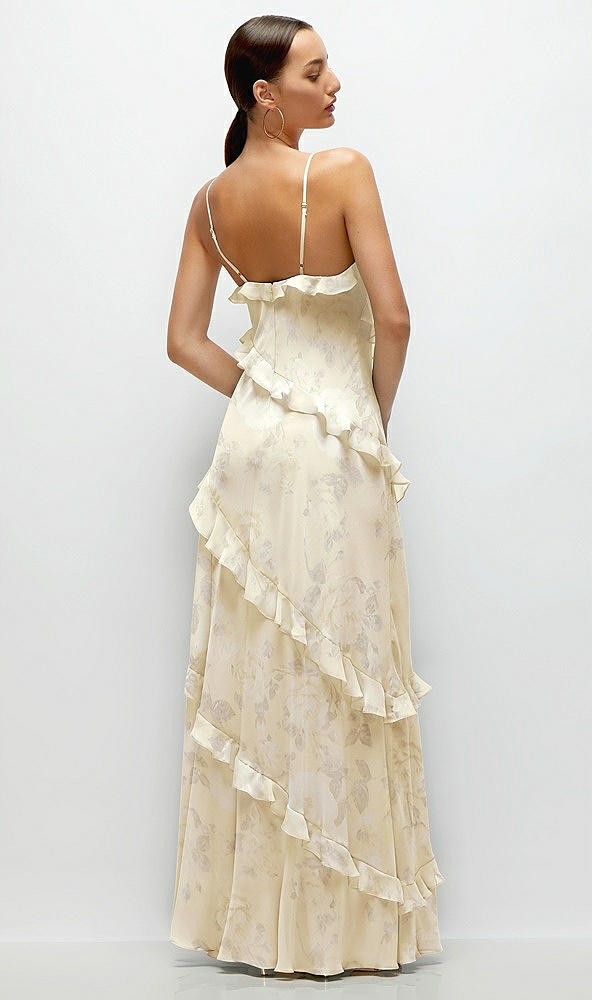 Back View - Butter Yellow Floral Asymmetrical Ruffle Chiffon Bias Slip Maxi Dress