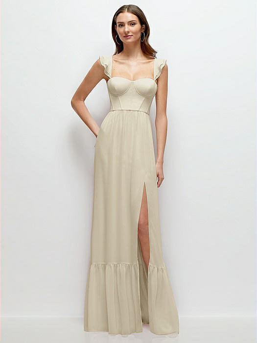 Ruffle Strap Chiffon Bustier Maxi Dress with Ruffle Hem A-Line Skirt