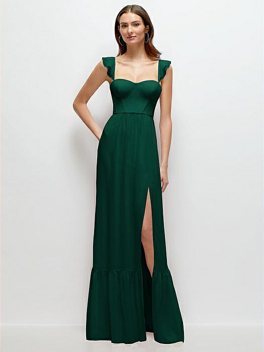 Ruffle Strap Chiffon Bustier Maxi Dress with Ruffle Hem A-Line Skirt