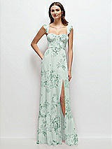 Front View Thumbnail - Mint Green Floral Ruffle Strap Chiffon Bustier Maxi Dress with Ruffle Hem A-Line Skirt