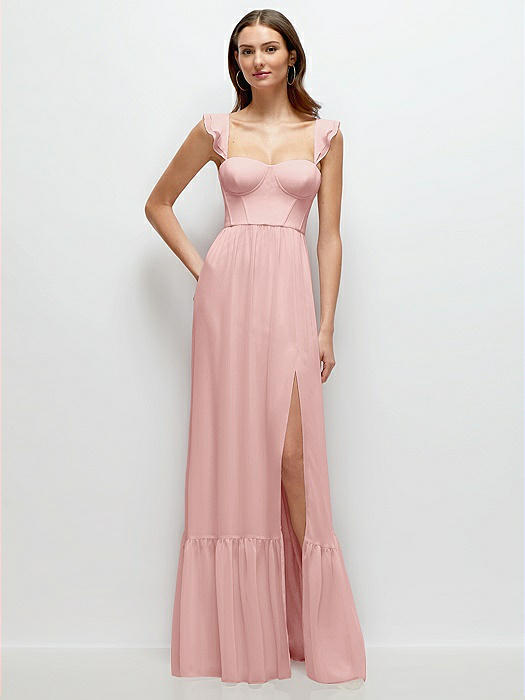 Ruffle Strap Chiffon Bustier Maxi Dress with Ruffle Hem A-Line Skirt