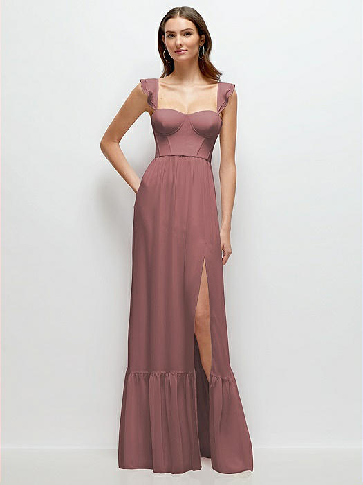 Ruffle Strap Chiffon Bustier Maxi Dress with Ruffle Hem A-Line Skirt