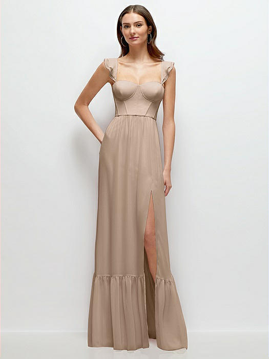 Ruffle Strap Chiffon Bustier Maxi Dress with Ruffle Hem A-Line Skirt