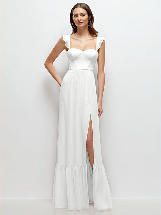 Ruffle Strap Chiffon Bustier Maxi Dress with Ruffle Hem A-Line Skirt