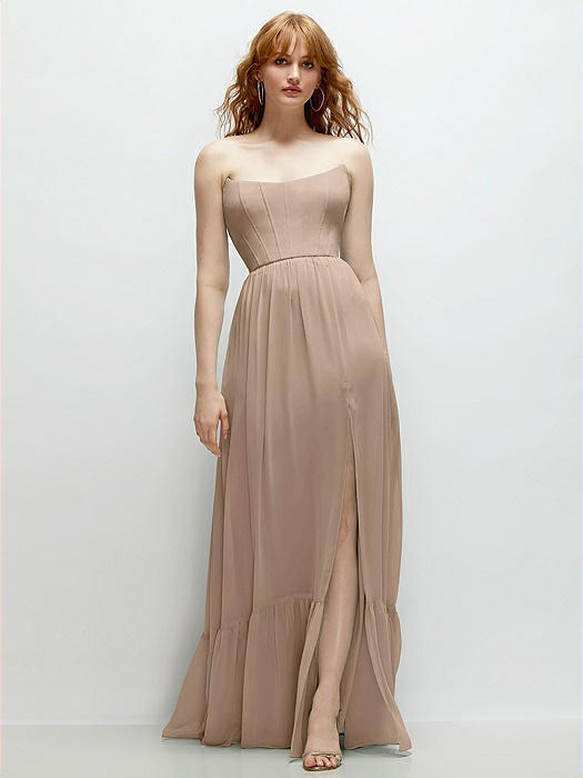 Strapless Cat-Eye Corset Maxi Dress with Ruffle Hem A-Line Skirt