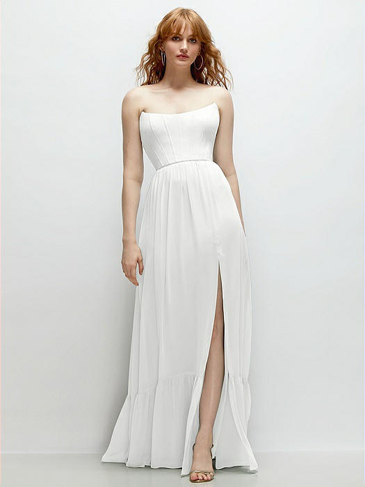 Strapless Cat-Eye Corset Maxi Dress with Ruffle Hem A-Line Skirt