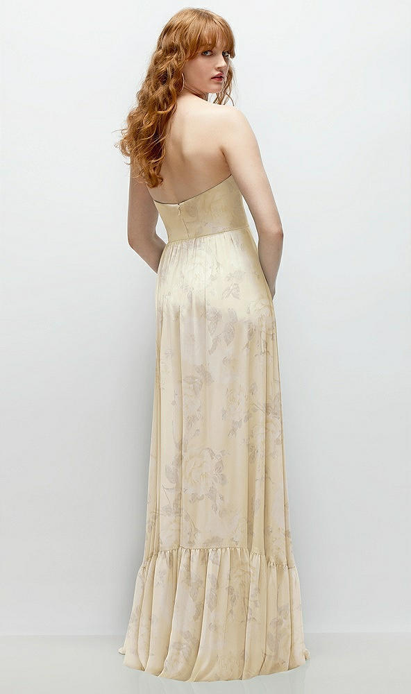 Back View - Butter Yellow Floral Strapless Cat-Eye Corset Maxi Dress with Ruffle Hem A-Line Skirt