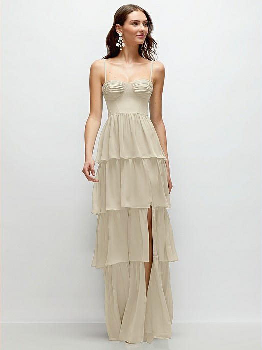 Bustier-Style Chiffon Tiered Ruffle Maxi Dress with Adjustable Straps
