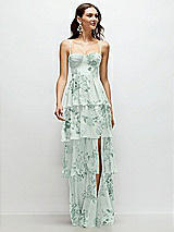 Front View Thumbnail - Mint Green Floral Bustier-Style Chiffon Tiered Ruffle Maxi Dress with Adjustable Straps
