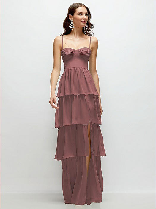 Bustier-Style Chiffon Tiered Ruffle Maxi Dress with Adjustable Straps