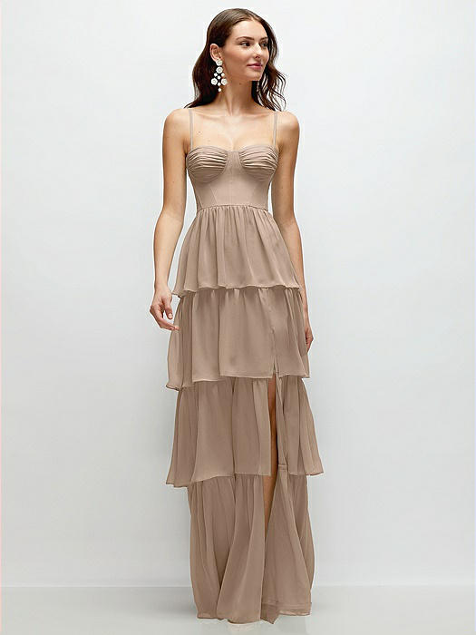Bustier-Style Chiffon Tiered Ruffle Maxi Dress with Adjustable Straps