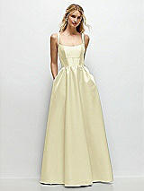 Front View Thumbnail - Butter Yellow Scoop Neck Inset Corset Satin Maxi Dress with Pockets