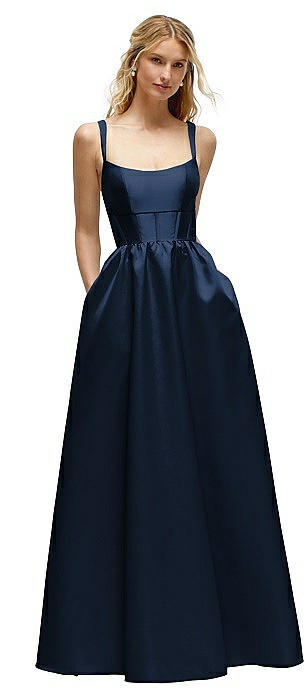 Scoop Neck Inset Corset Satin Maxi Dress with Pockets