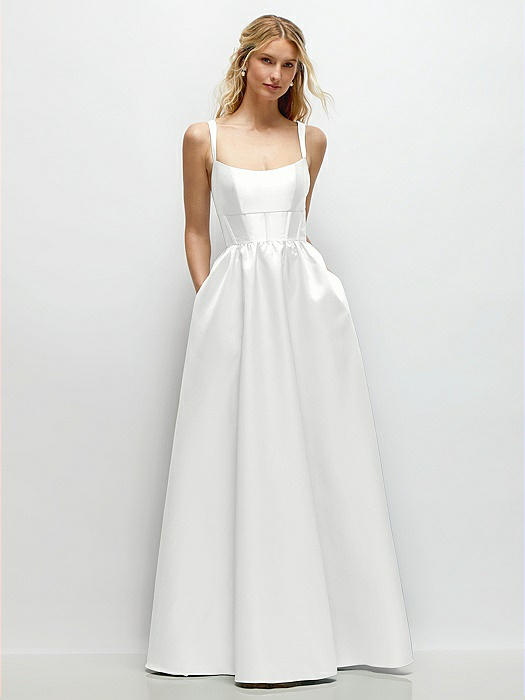 Scoop Neck Inset Corset Satin Maxi Dress with Pockets