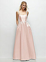 Front View Thumbnail - Blush Scoop Neck Inset Corset Satin Maxi Dress with Pockets