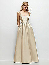 Front View Thumbnail - Champagne Scoop Neck Inset Corset Satin Maxi Dress with Pockets