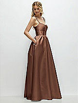 Side View Thumbnail - Cognac Scoop Neck Inset Corset Satin Maxi Dress with Pockets